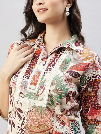 winered-women-beige-peacock-print-embroidered-neck-kurta