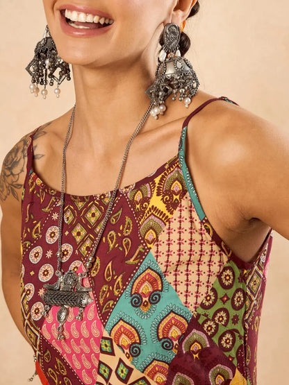 winered-woman-maroon-print-strap-kurta-dhoti-co-ord-set