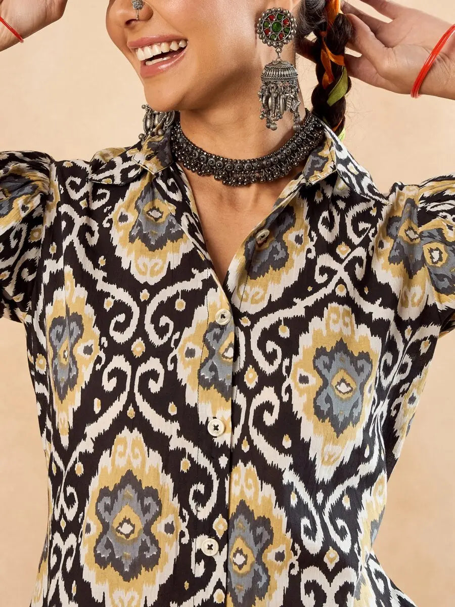 winered-woman-black-geometric-print-front-opening-co-ord-set