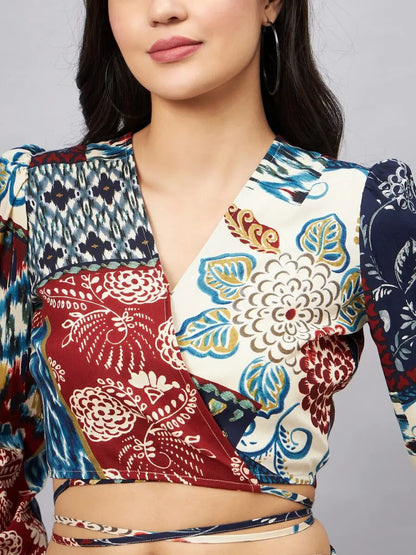 winered-woman-navy-blue-patch-print-crop-top-pant-set