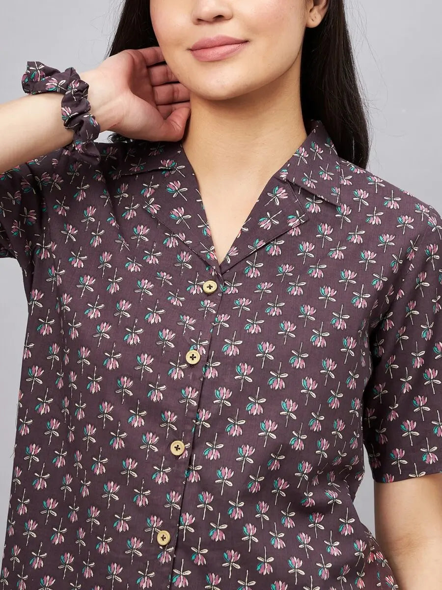 winered-woman-brown-lotus-print-with-shorts-night-suit-set