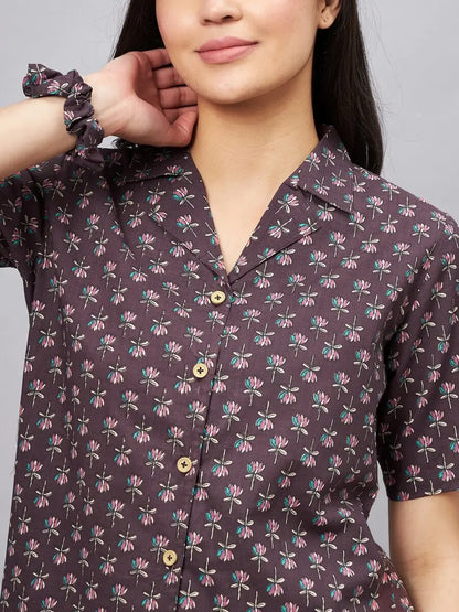 winered-woman-brown-lotus-print-with-shorts-night-suit-set