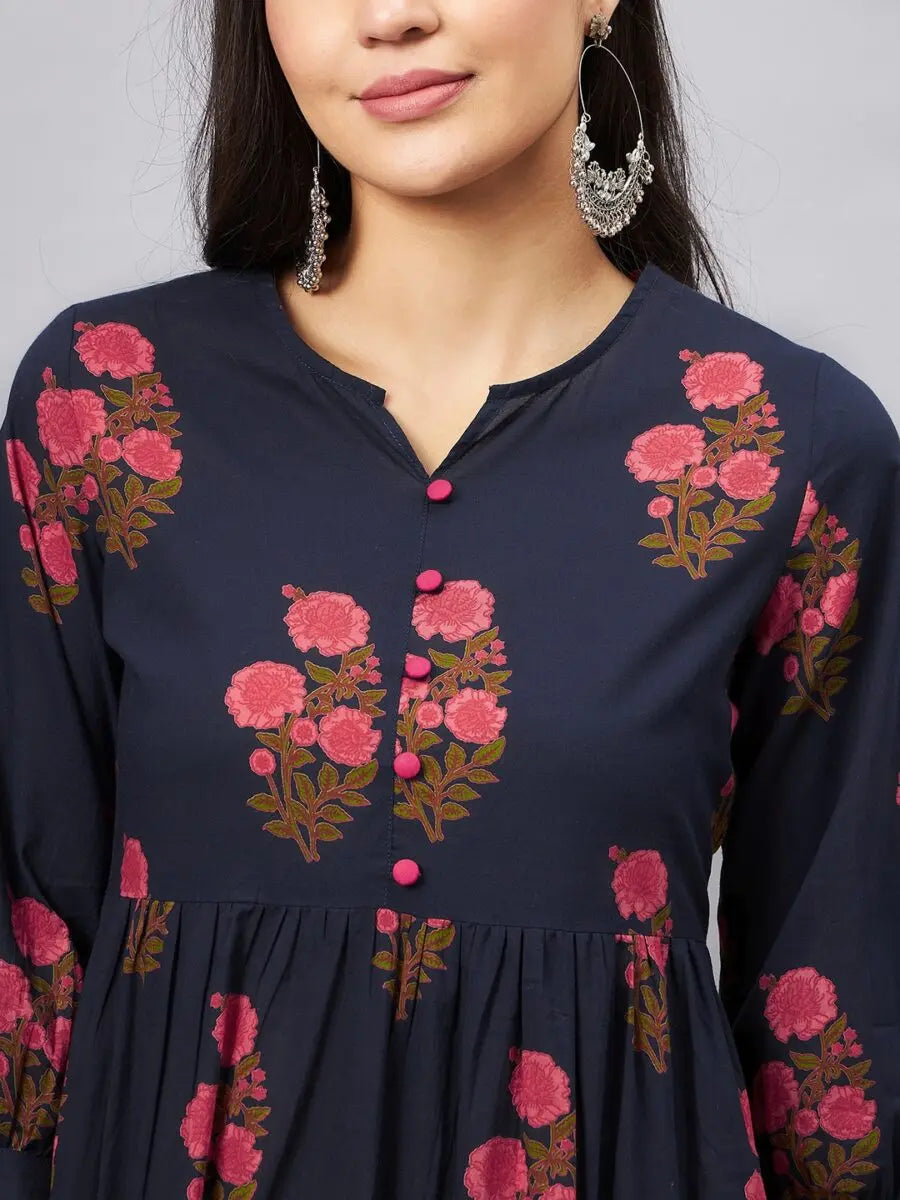 winered-blue-printed-tiered-dress-with-button-at-yoke