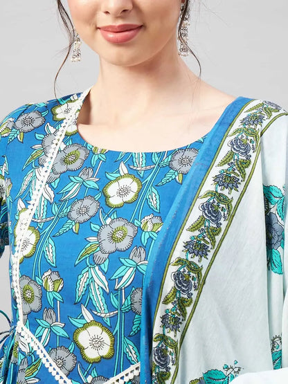 winered-women-blue-floral-print-flared-kurta-dupatta-set