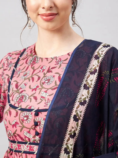 winered-woman-pink-floral-print-with-contrast-belt-flared-kurta-dupatta-set