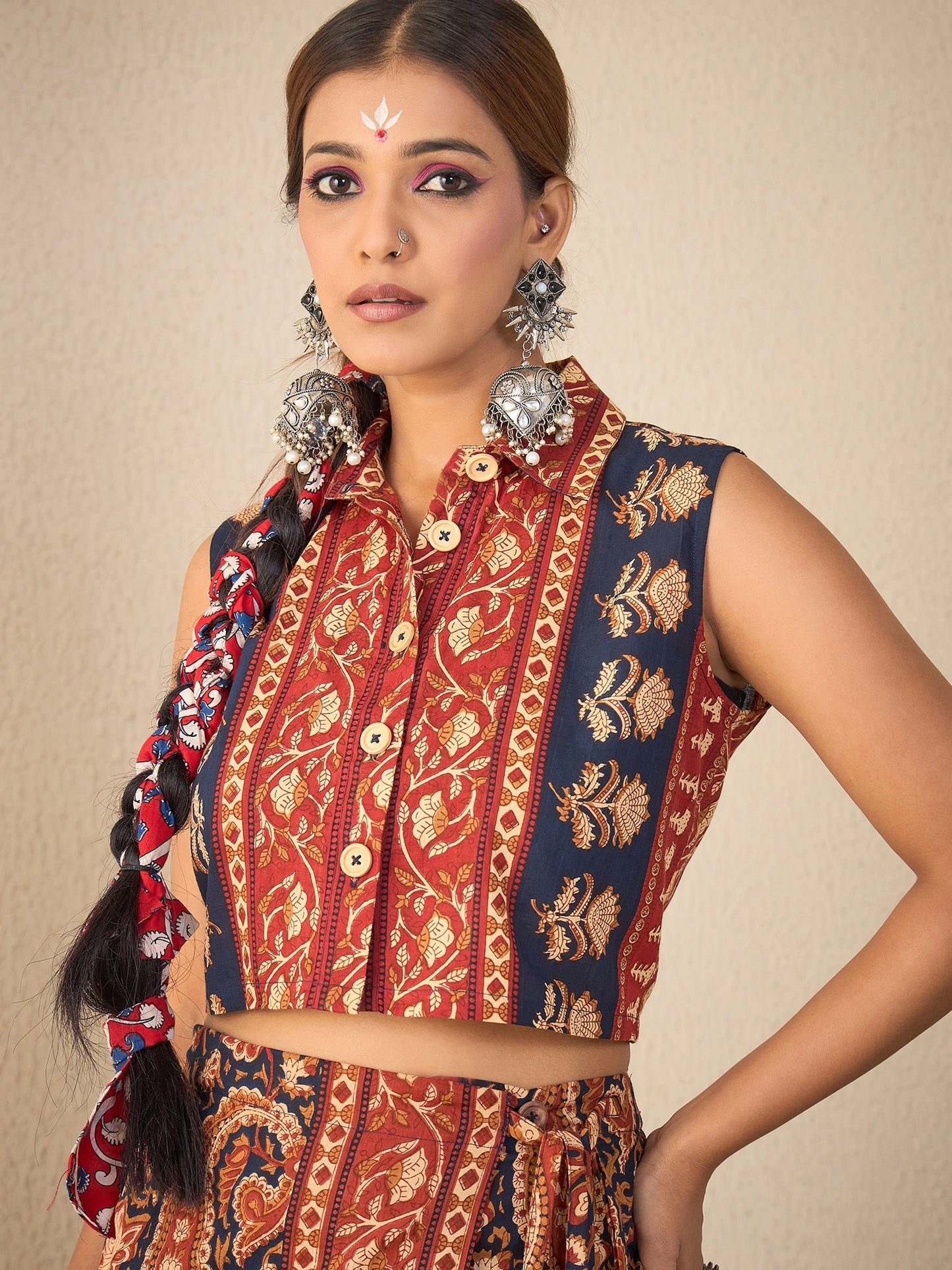 Women's Ethnic Printed Sleeveless Crop Shirt & Tie-Up Wrap Skirt Set