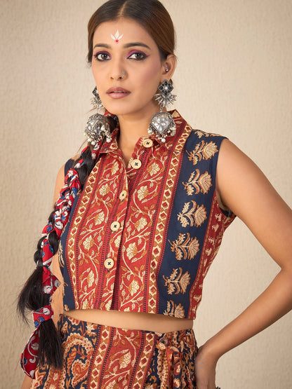 Women's Ethnic Printed Sleeveless Crop Shirt & Tie-Up Wrap Skirt Set