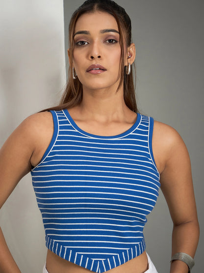 Women Striped Ribbed Aysmmetric Hem Tank Top