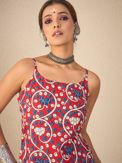 Women Red Printed Cotton Strappy Tunic Top