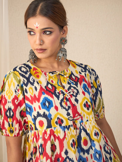 Women Yellow Printed Cotton Bow Detailed Peplum Top