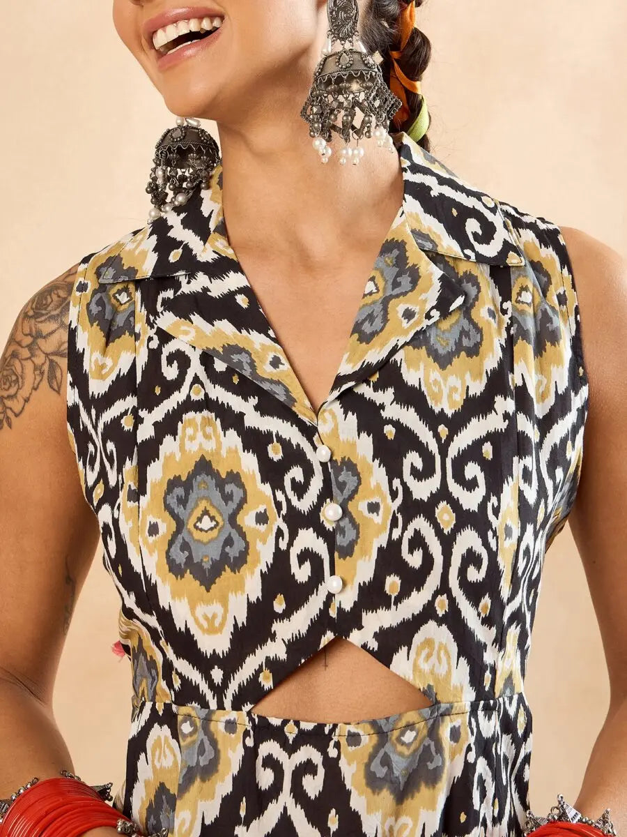 winered-women-black-printed-front-triangle-cut-out-a-line-dress