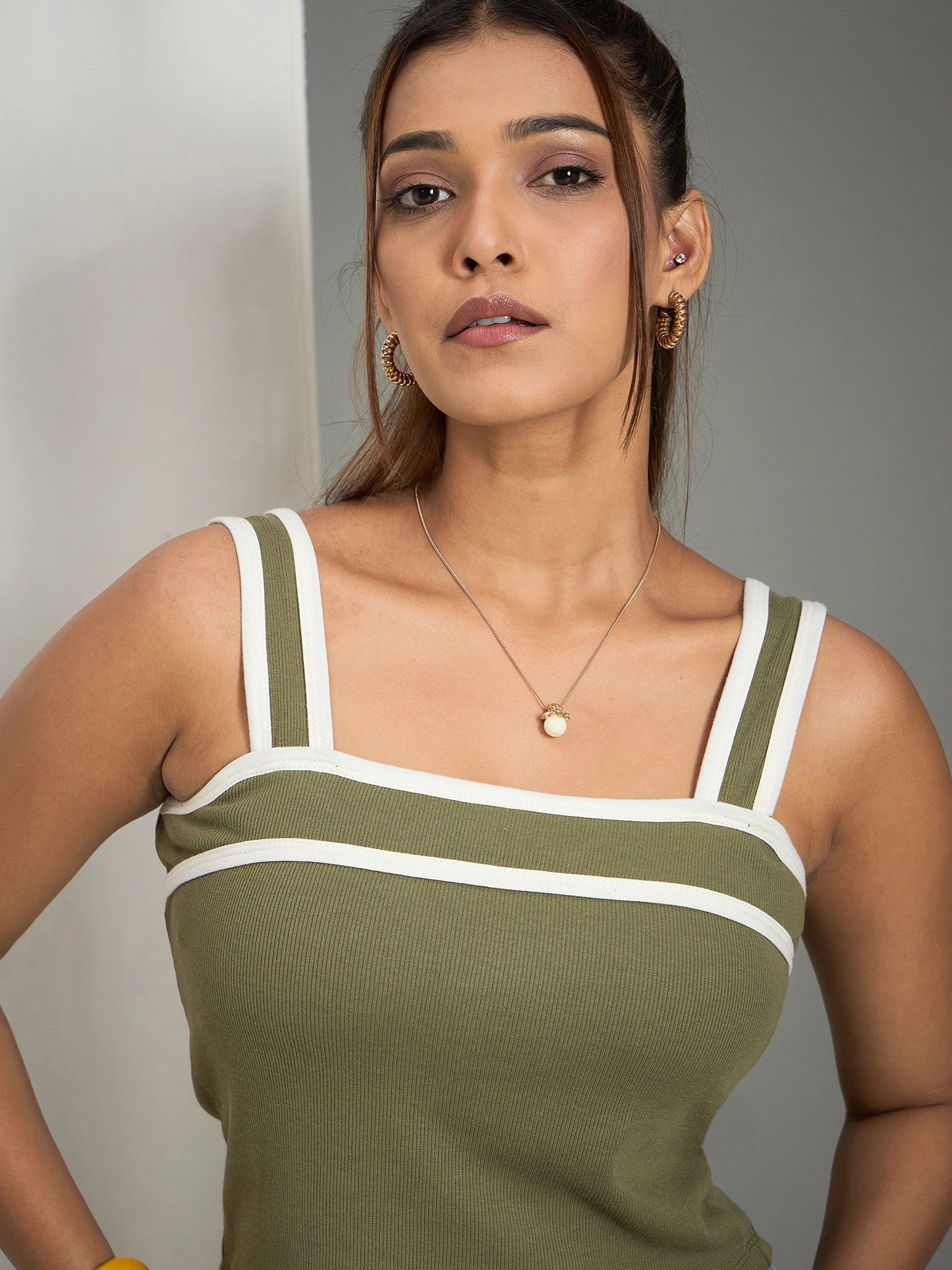 Women Square Neck Ribbed Top with Contrast Straps