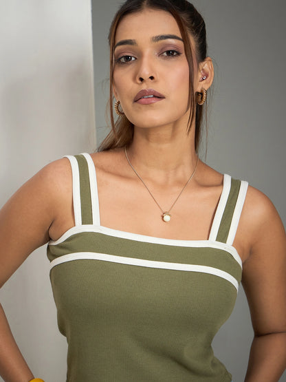 Women Square Neck Ribbed Top with Contrast Straps