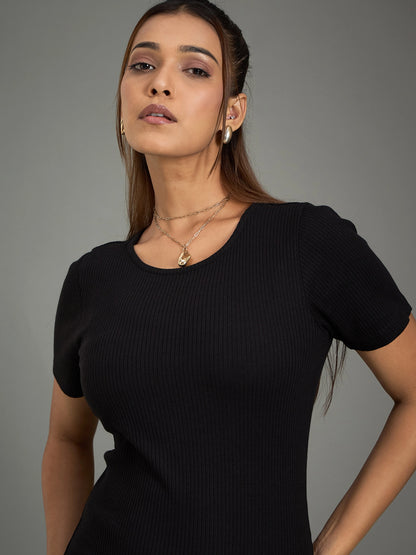 Black Ribbed Zipper Detailed Midi Dress