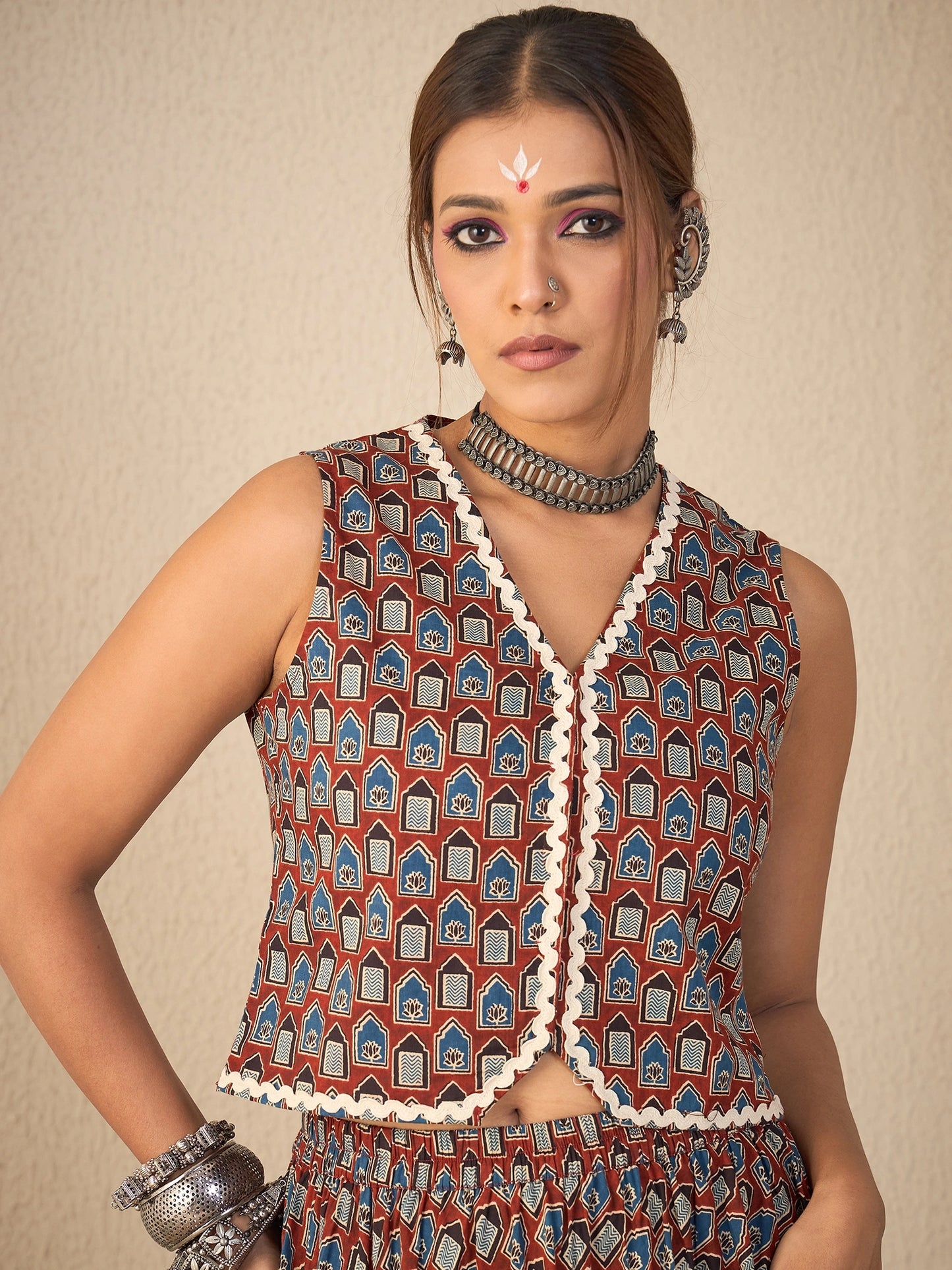women-brown-cotton-printed-lace-detailing-waistcoat-with-skirt-co-ord-set