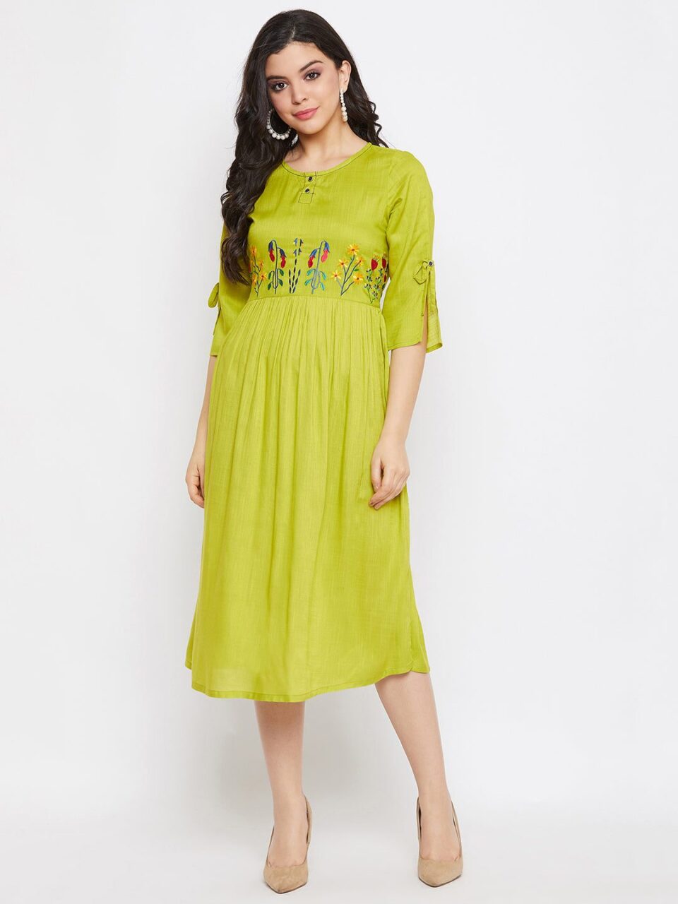 Green Gathered Rayon Embroidered Dress