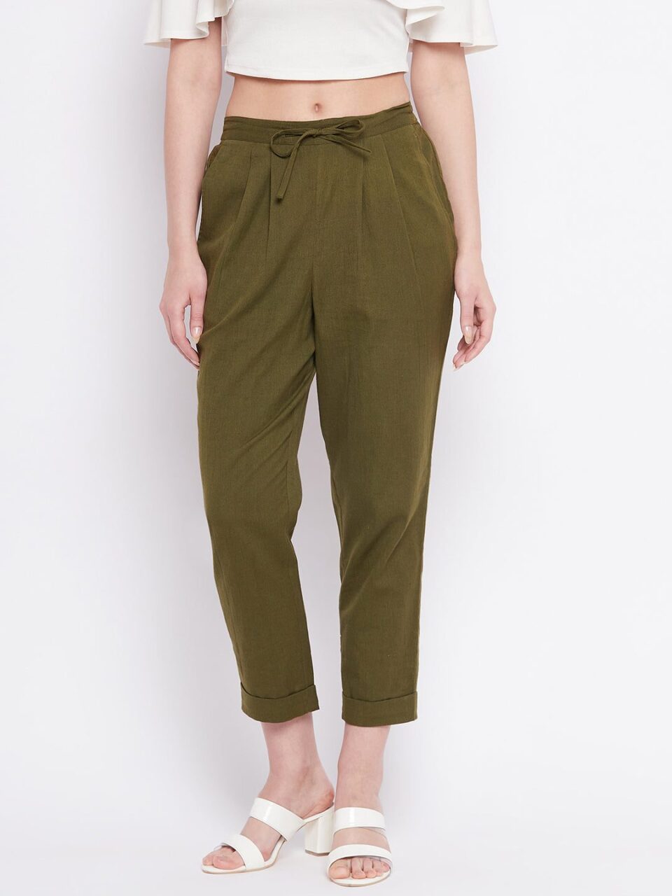 Olive Green Regular Fit Cotton Solid Trouser