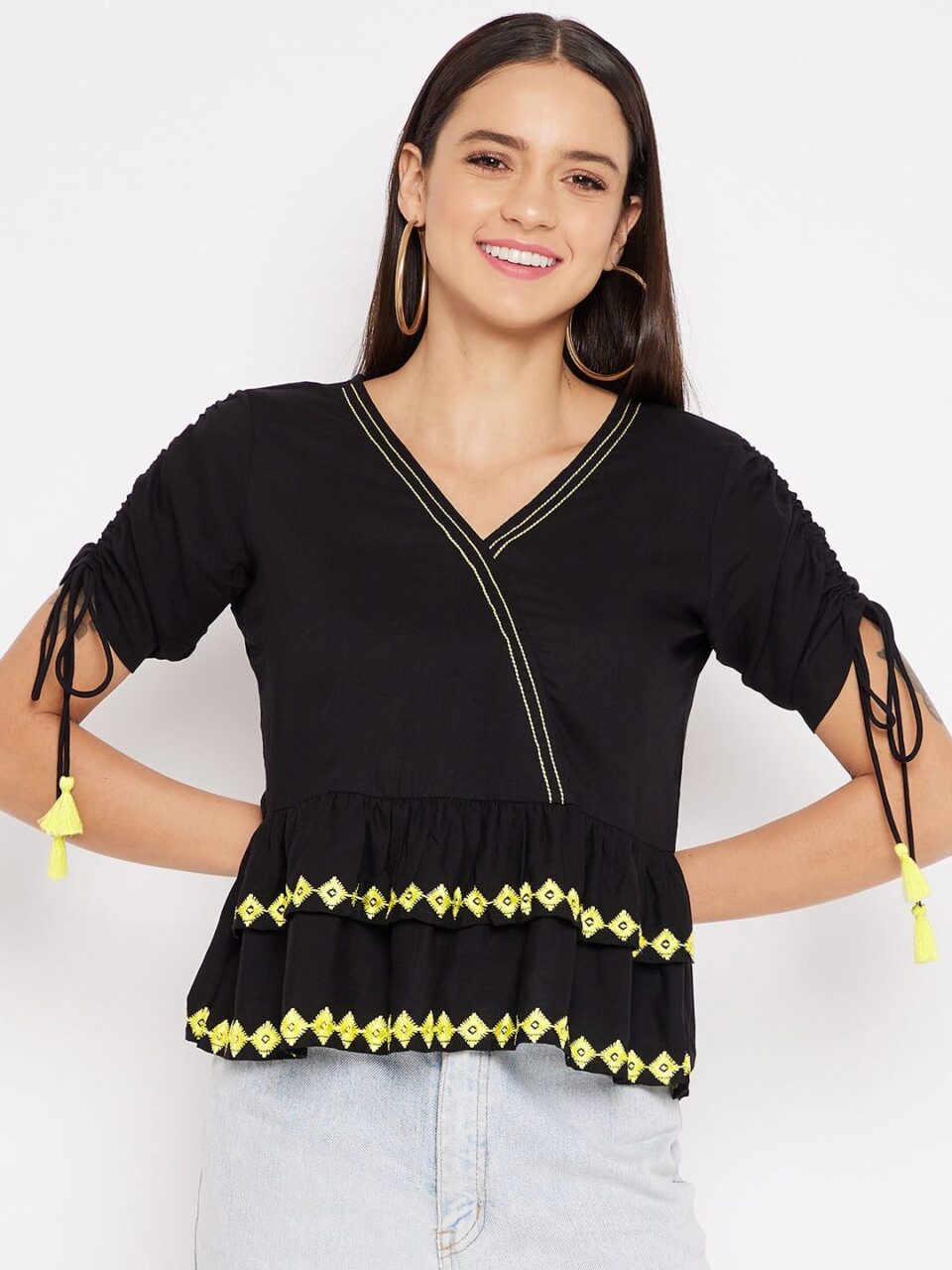 Black A Line Rayon Embroidered Top