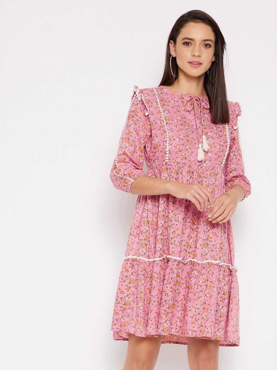 Pink A Line Rayon Floral Print Dress