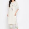 Winered Off White Straight Cotton Embroidered Kurta and Pant Set