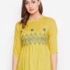 Winered Yellow Embroidered Rayon Empire Waist Top