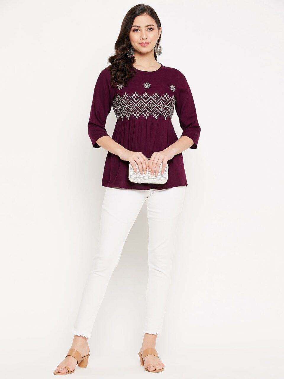 Purple Embroidered Rayon A Line Top