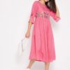 Winered Pink Gathered Rayon Embroidered Dress