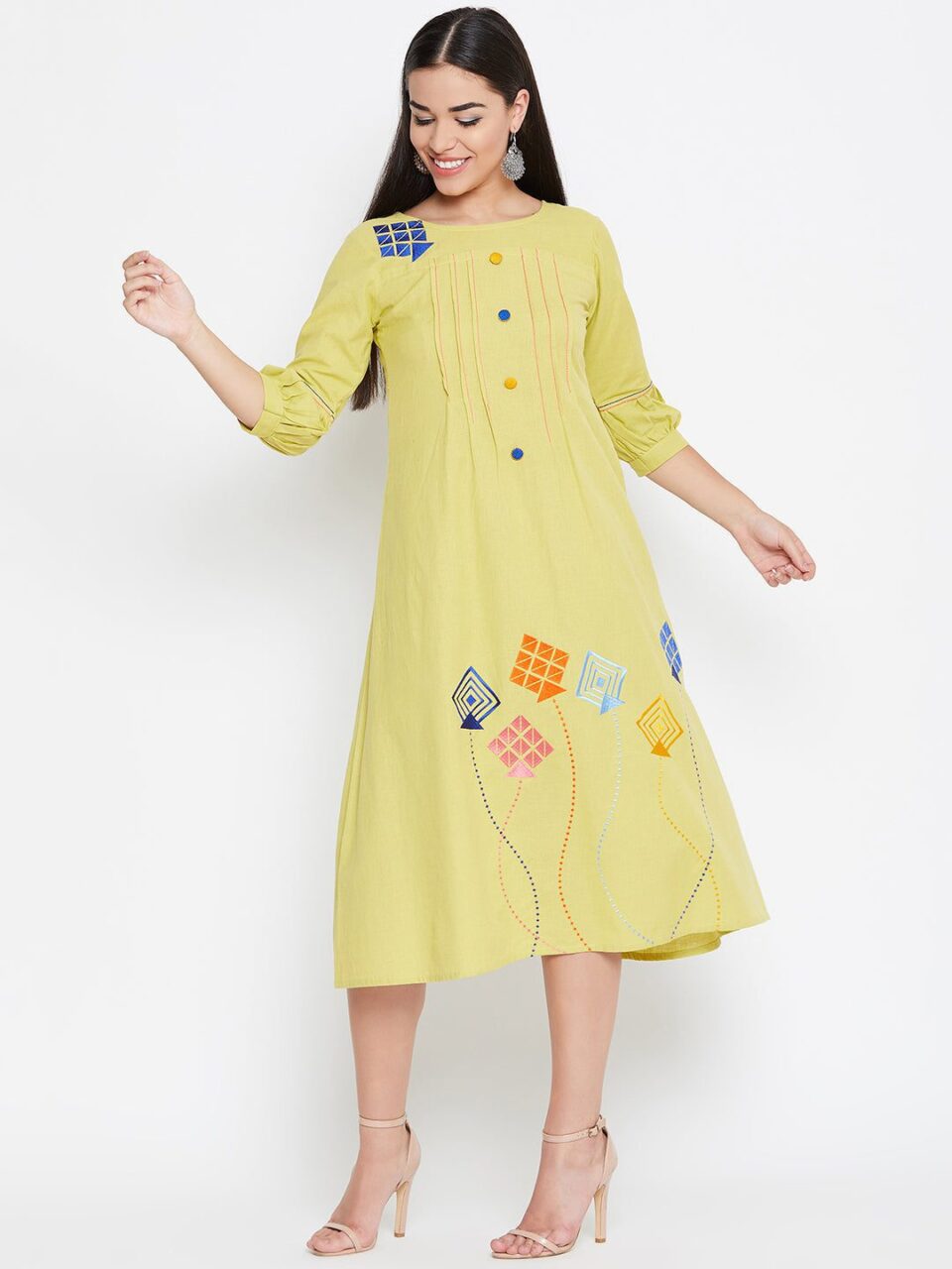 Yellow A Line Cotton Embroidered Dress