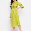 Winered Green Gathered Rayon Embroidered Dress