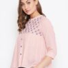 Winered Pink Embroidered Cotton Shirt Style Top
