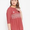 WineRed Red Embroidered Rayon Empire Waist Top