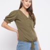 Winered Dark Green Solid Polyester Shirt Style Top