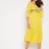 Winered Yellow Gathered Rayon Embroidered Dress