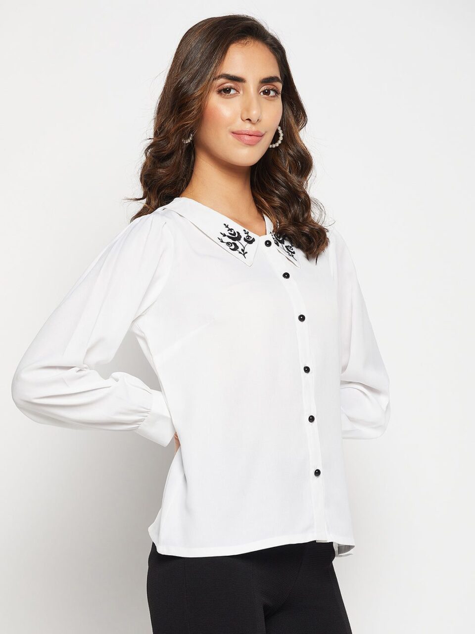 Women's White Contrast Collar Embroidered Shirt