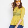 Winered Yellow Embroidered Rayon Empire Waist Top