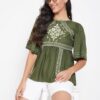 Winered Green Embroidered Rayon Regular Top