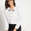 Winered Women White Contrast Collar Embroidered Shirt