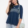 Winered Navy Blue Embroidered Rayon Empire Waist Top