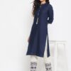 Winered Navy Blue Straight Cotton Embroidered Kurta and Pant Set
