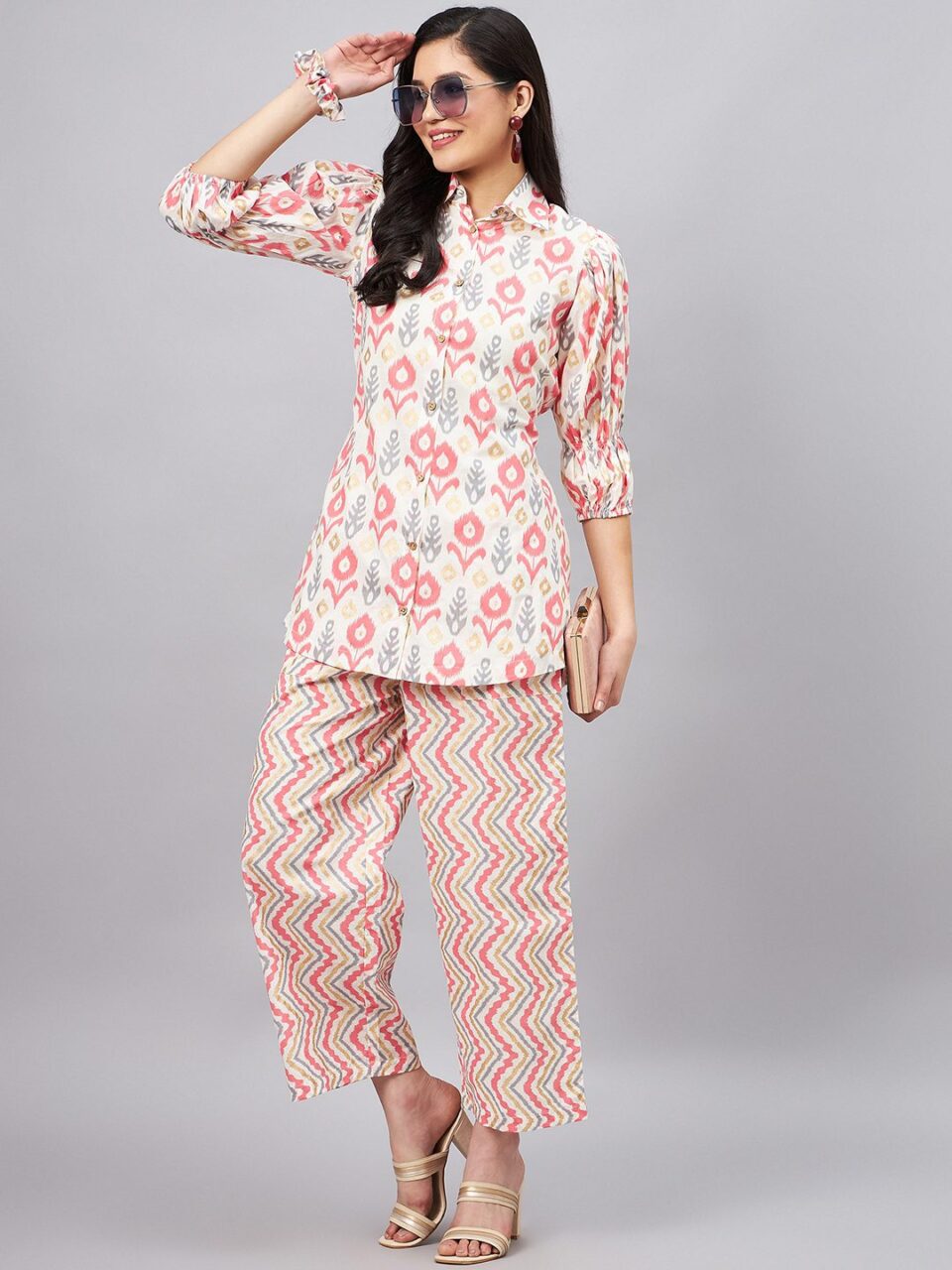 Women White And Pink Cotton Co-ord Set