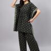 WineRed Woman Black and Green Floral Print Kaftan Night-Suit Set with Scrunchie