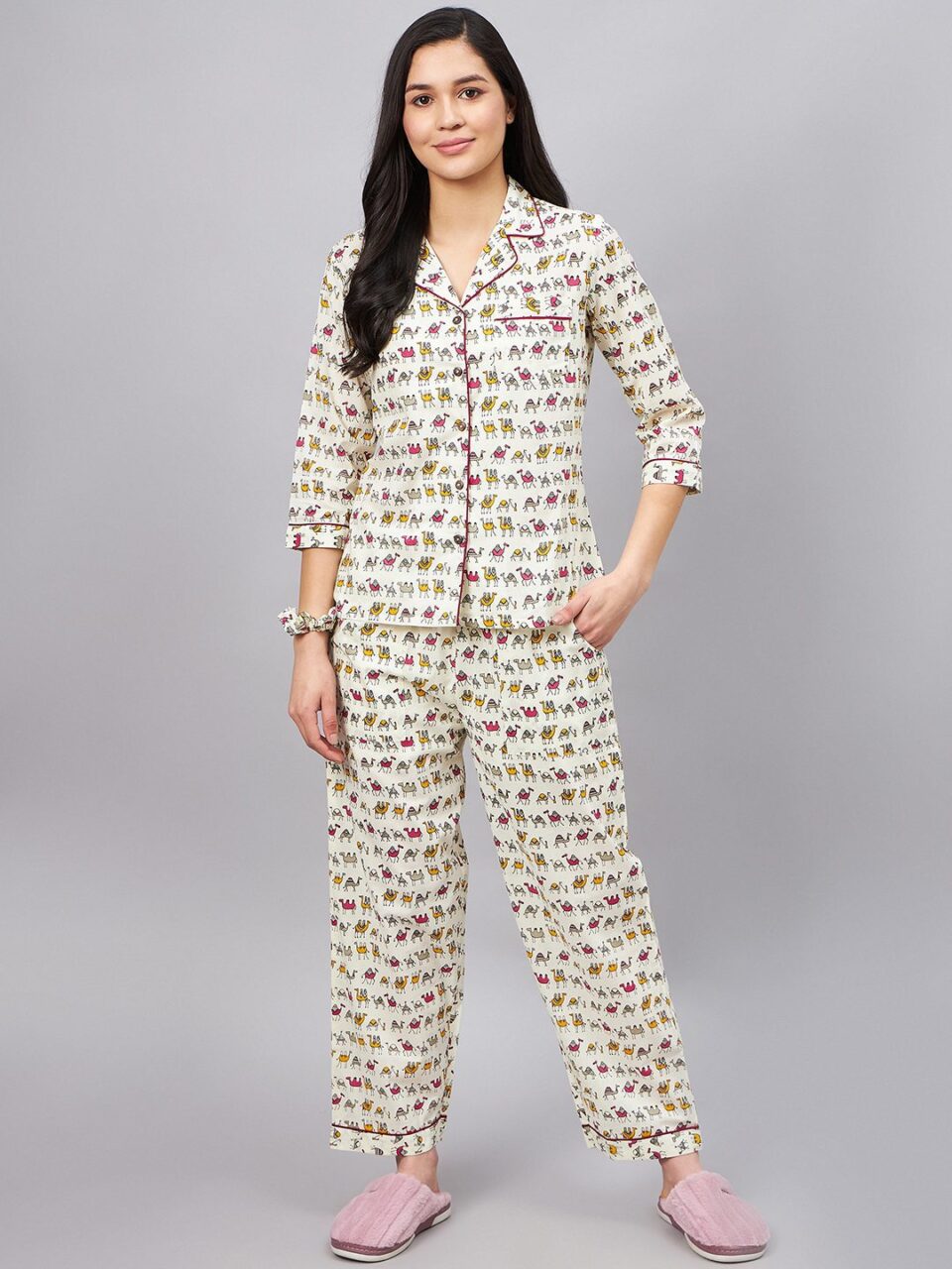 Woman Lapel Collared Camel Print Night-Suit With Piping