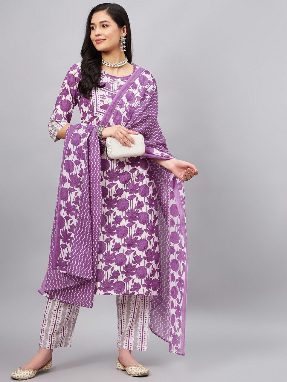 Women Purple Floral Gota Detailed Neck Kurta Set With Dupatta