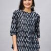 Winered Women Black And White Ikat Print Front Opening Tunic
