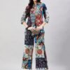 WineRed Woman Navy Blue Multi- Patch Print Collared Co-ord Set