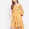WineRed Women Yellow Striped Smocking Off-Shoulder Dress