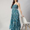 WineRed Women Blue Smocking Dress With Straps