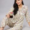 WineRed Woman Lapel Collared Camel Print Night-Suit With Piping