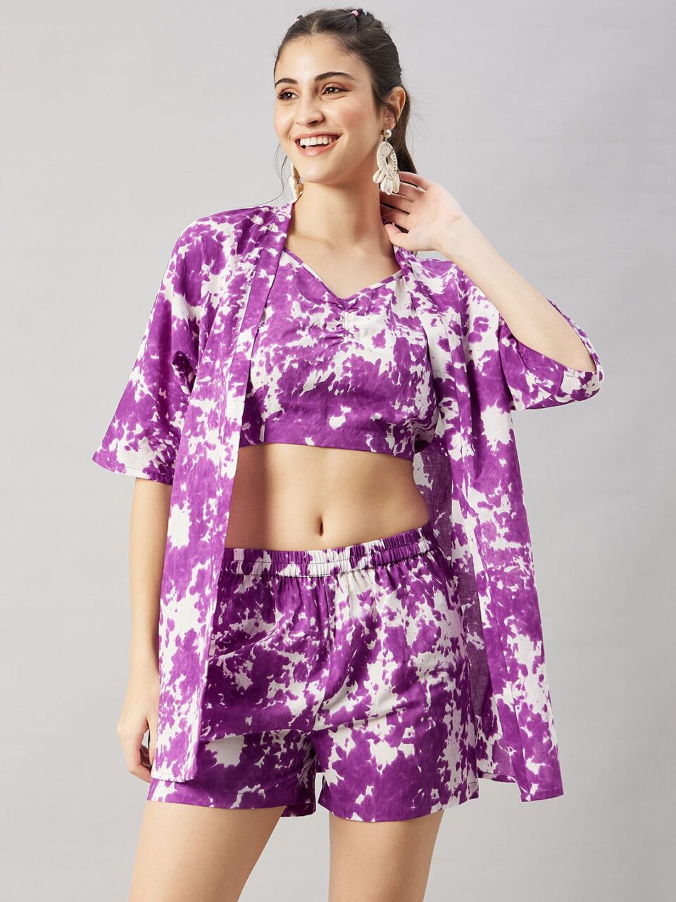 Woman Purple 3pcs Kimono Shorts Set