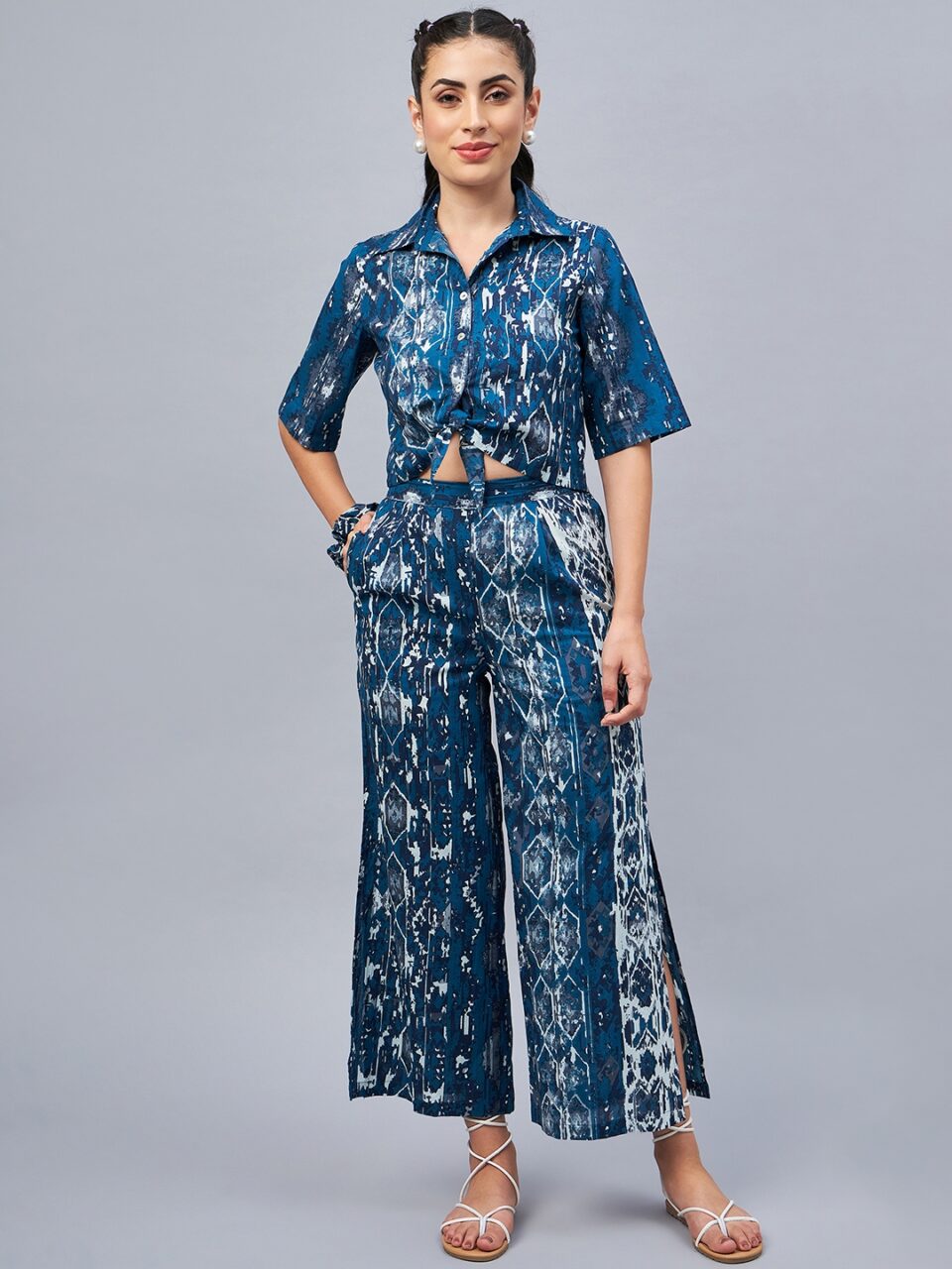 Woman Blue Front Knot Crop Shirt With Flared Pant